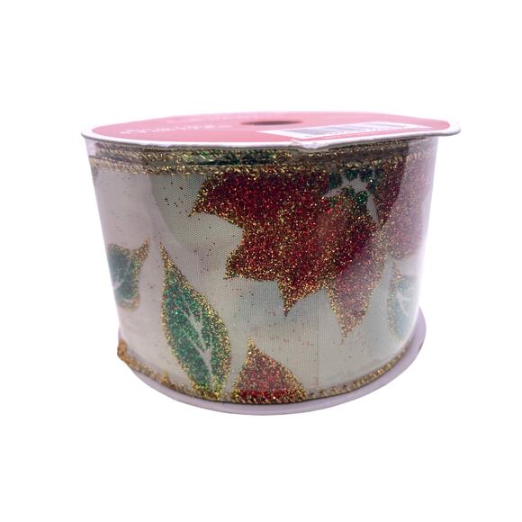 9 Feet 2.5” Red Gold Glitter Poinsettia Wired Christmas Ribbon for Gifts Crafts - Picture 2 of 8